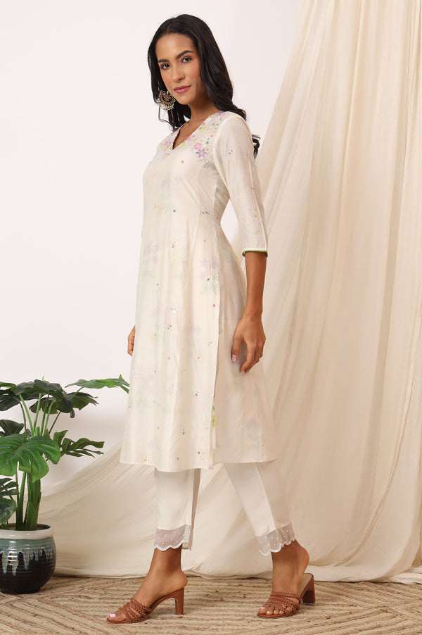 White Embroidered Chanderi A-line Kurta, Pants and Dupatta Set
