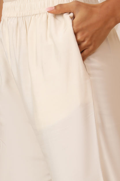 White Embroidered Chanderi A-line Kurta, Pants and Dupatta Set