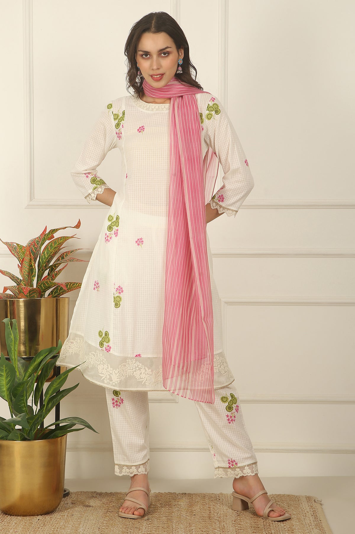 White Floral Printed Checker Cotton A-line Kurta, Pants and Dupatta Set - S