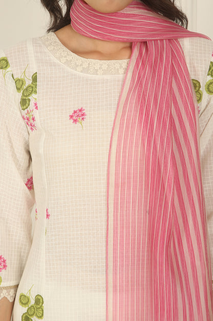 White Floral Printed Checker Cotton A-line Kurta, Pants and Dupatta Set