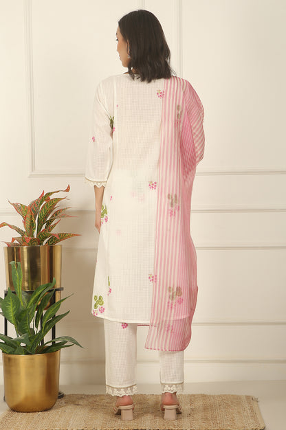 White Floral Printed Checker Cotton A-line Kurta, Pants and Dupatta Set