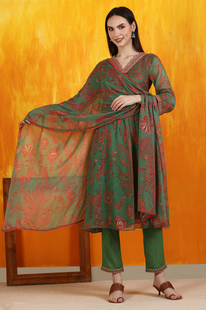 Green Printed Emroidered Chiffon Flared Kurta and Pants Set with Dupatta