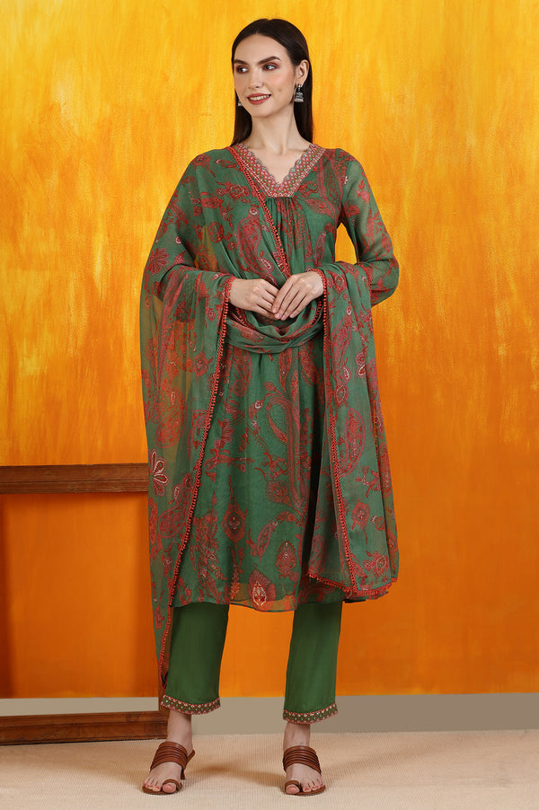 Green Printed Emroidered Chiffon Flared Kurta and Pants Set with Dupatta
