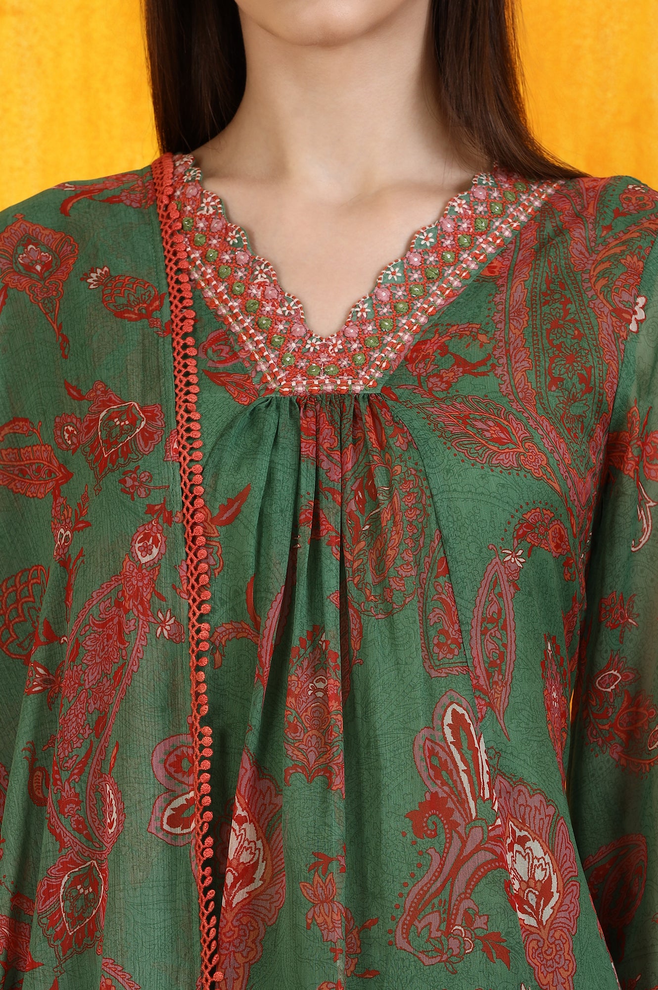 Green Printed Emroidered Chiffon Flared Kurta and Pants Set with Dupatta