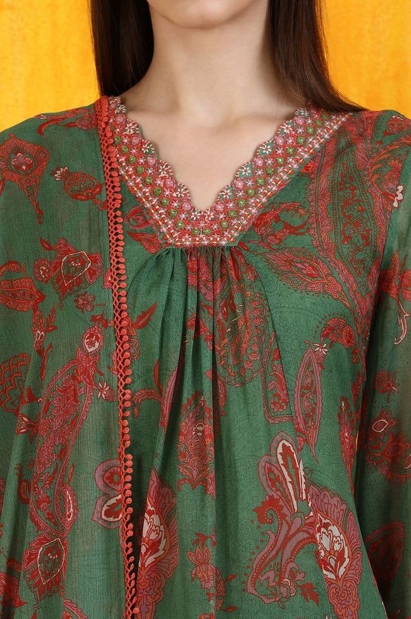 Green Printed Emroidered Chiffon Flared Kurta and Pants Set with Dupatta