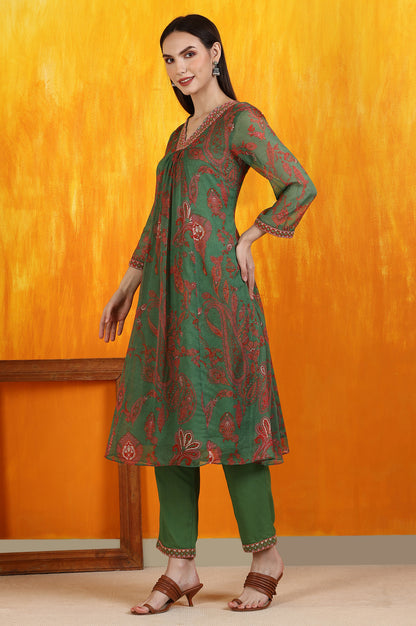 Green Printed Emroidered Chiffon Flared Kurta and Pants Set with Dupatta