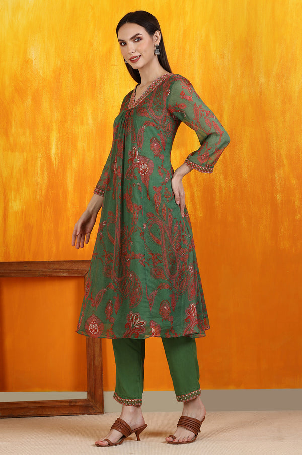Green Printed Emroidered Chiffon Flared Kurta and Pants Set with Dupatta