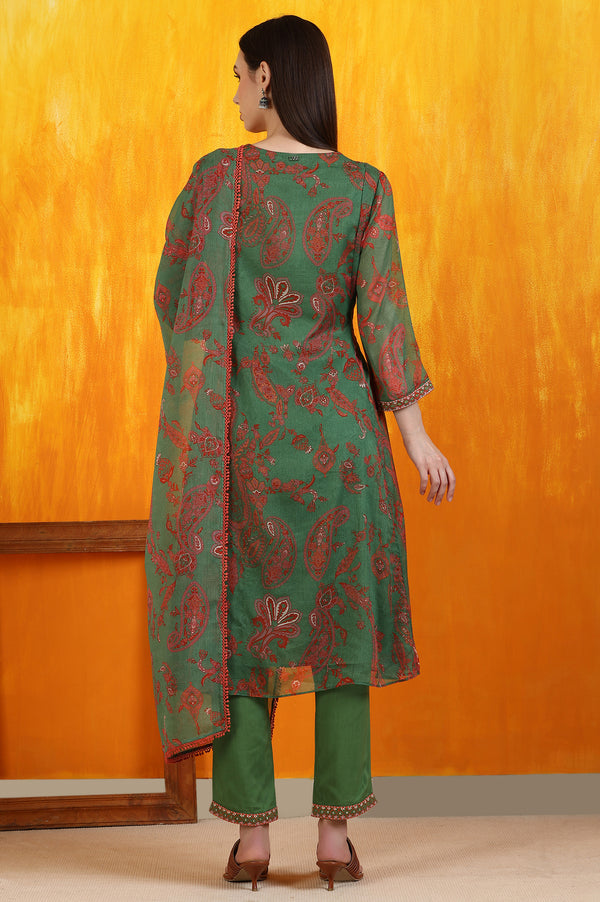 Green Printed Emroidered Chiffon Flared Kurta and Pants Set with Dupatta