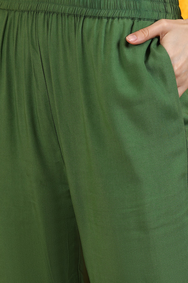 Green Printed Emroidered Chiffon Flared Kurta and Pants Set with Dupatta