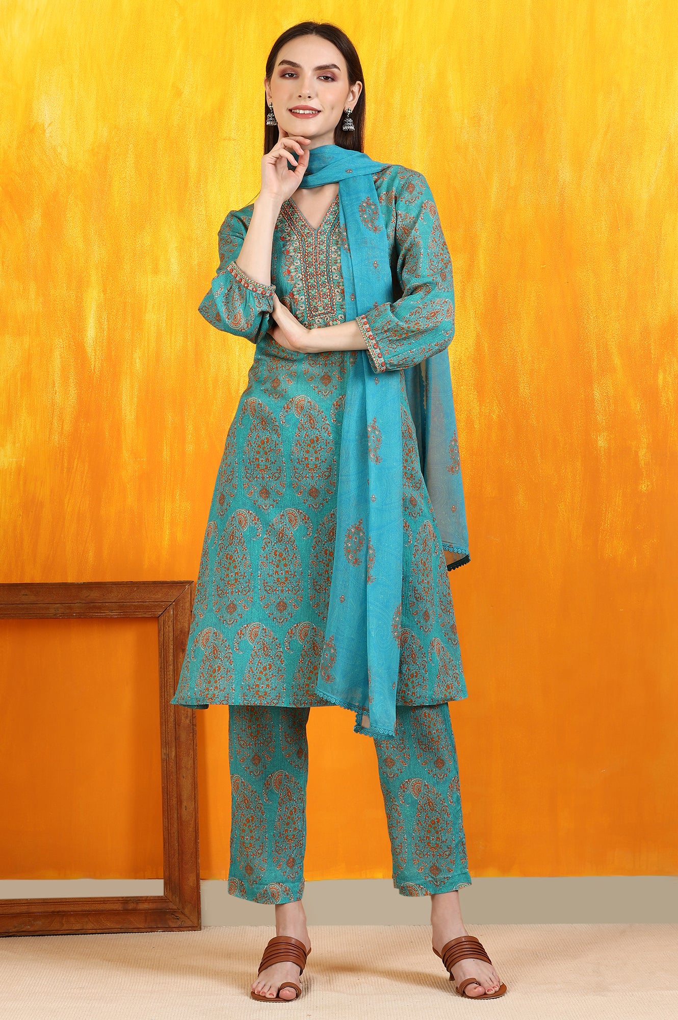 Aqua Green Paisley Printed Cotton Crepe Straight Kurta and Pants Set with Dupatta