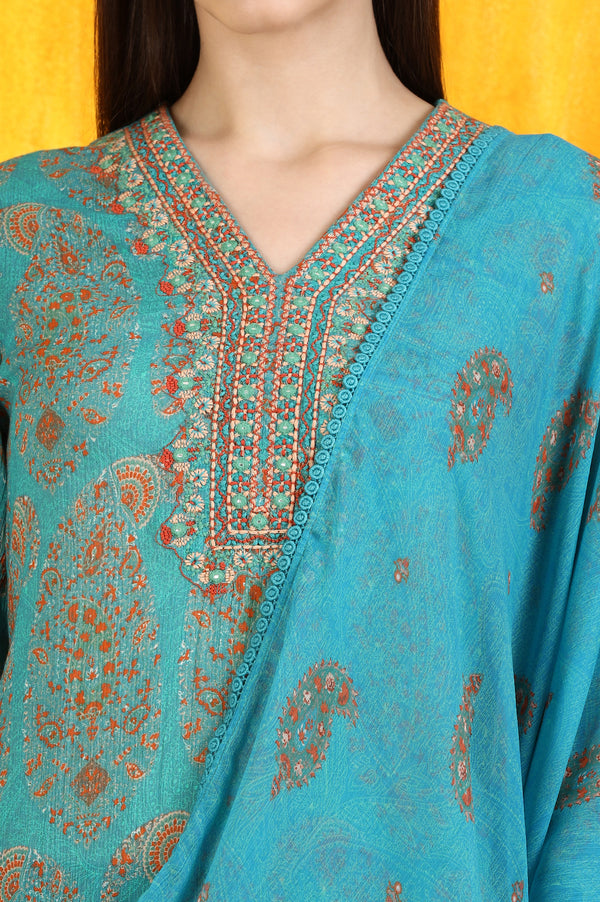 Aqua Green Paisley Printed Cotton Crepe Straight Kurta and Pants Set with Dupatta