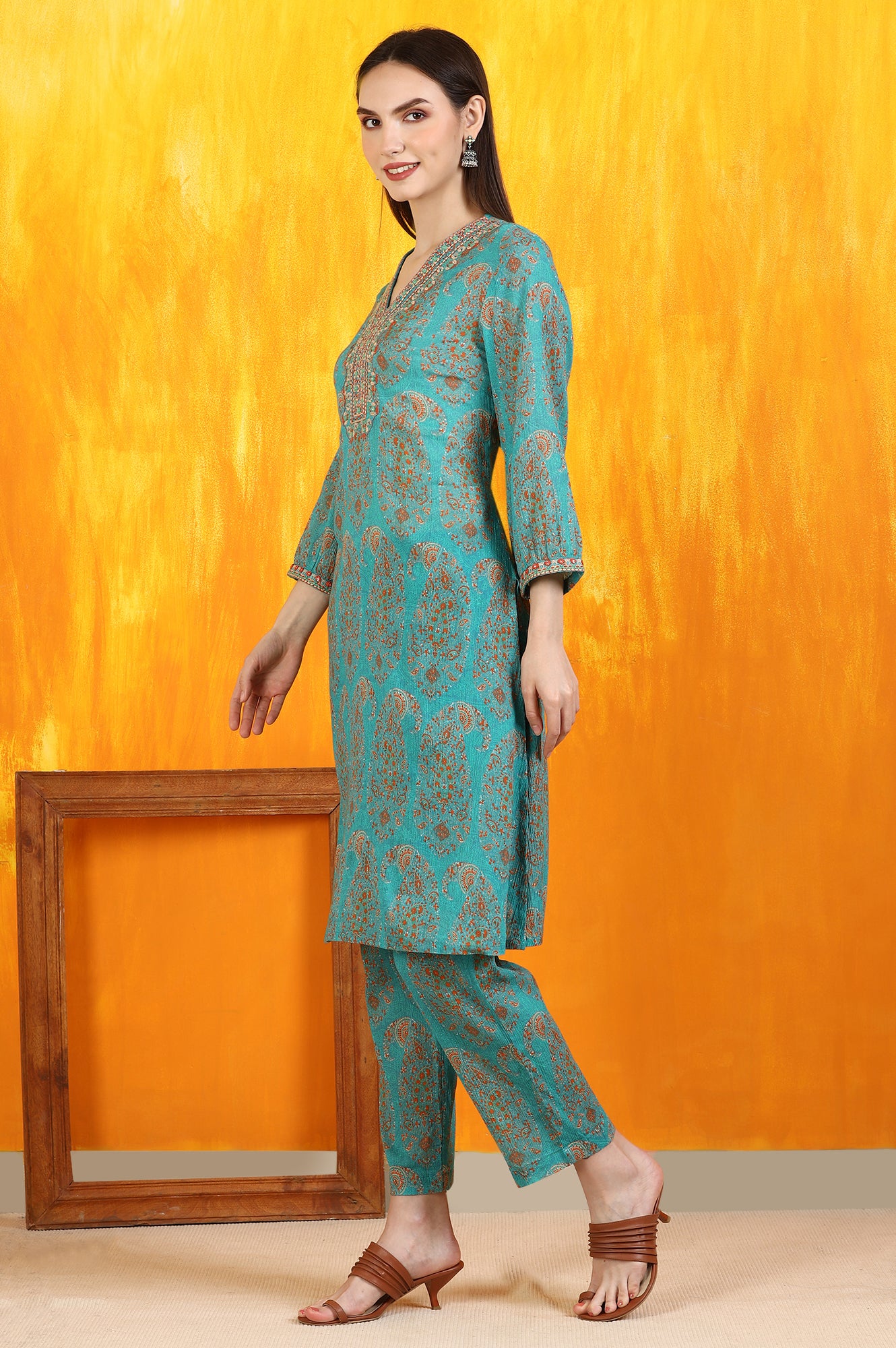 Aqua Green Paisley Printed Cotton Crepe Straight Kurta and Pants Set with Dupatta