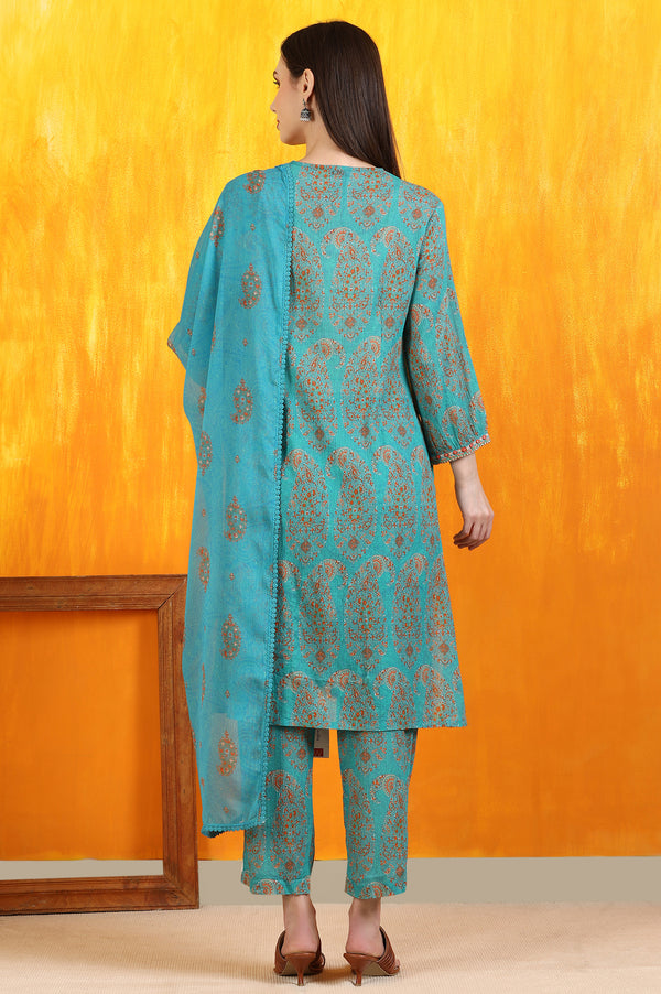 Aqua Green Paisley Printed Cotton Crepe Straight Kurta and Pants Set with Dupatta