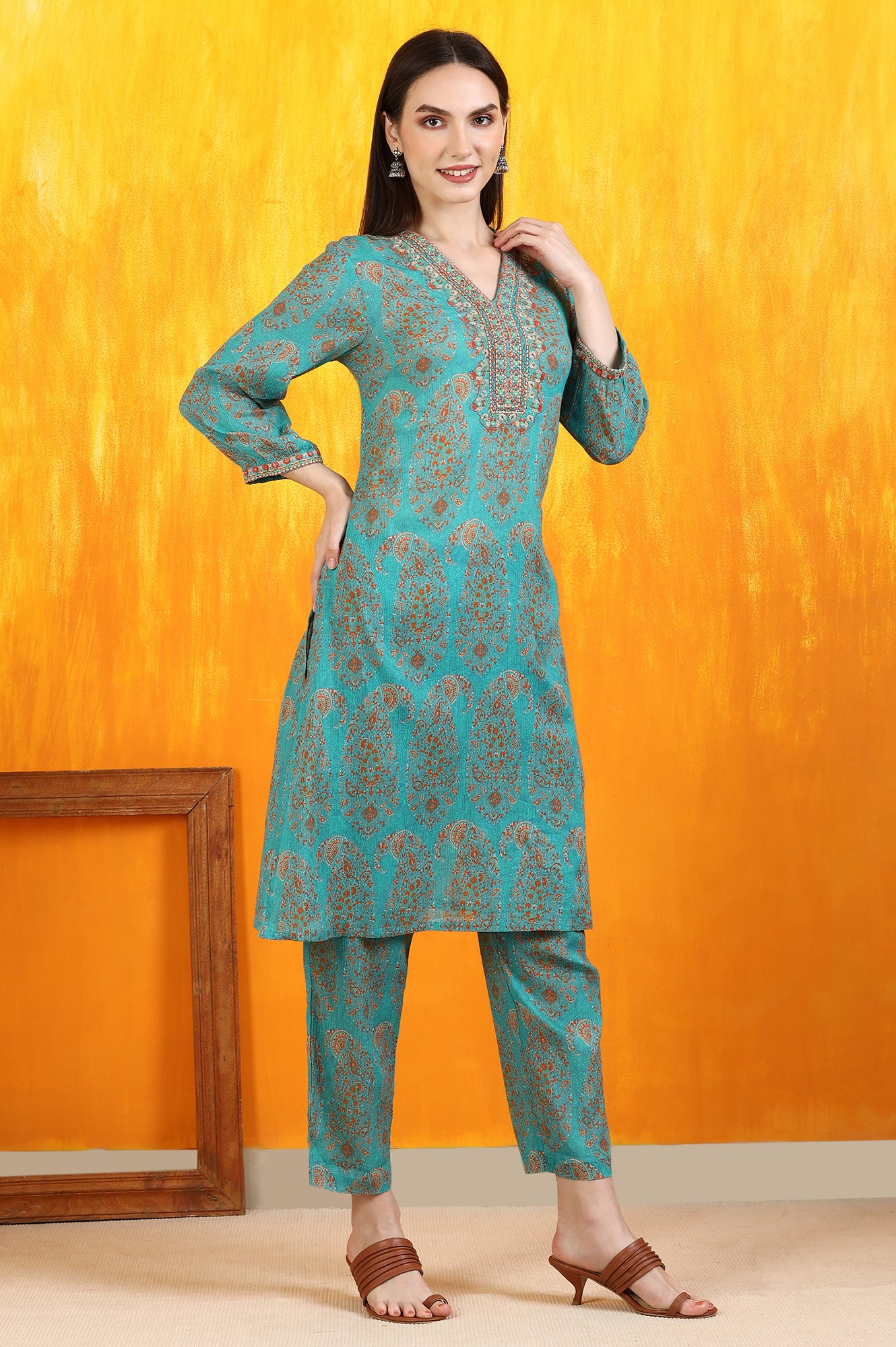 Aqua Green Paisley Printed Cotton Crepe Straight Kurta and Pants Set with Dupatta