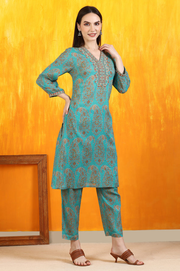 Aqua Green Paisley Printed Cotton Crepe Straight Kurta and Pants Set with Dupatta