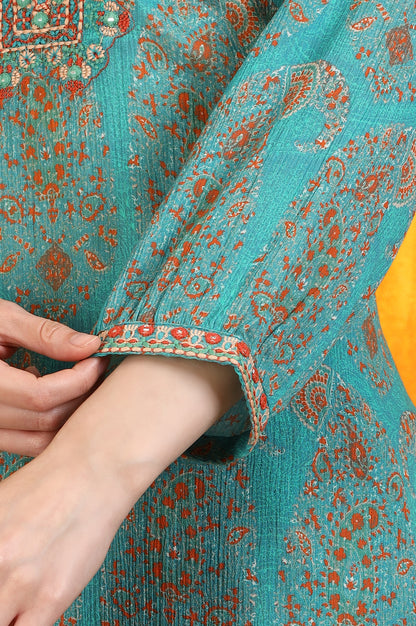 Aqua Green Paisley Printed Cotton Crepe Straight Kurta and Pants Set with Dupatta