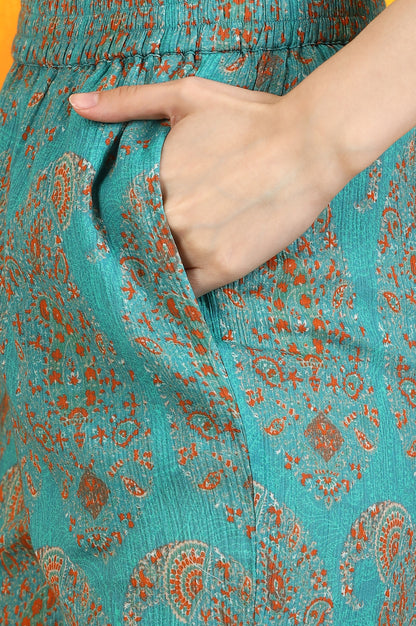 Aqua Green Paisley Printed Cotton Crepe Straight Kurta and Pants Set with Dupatta