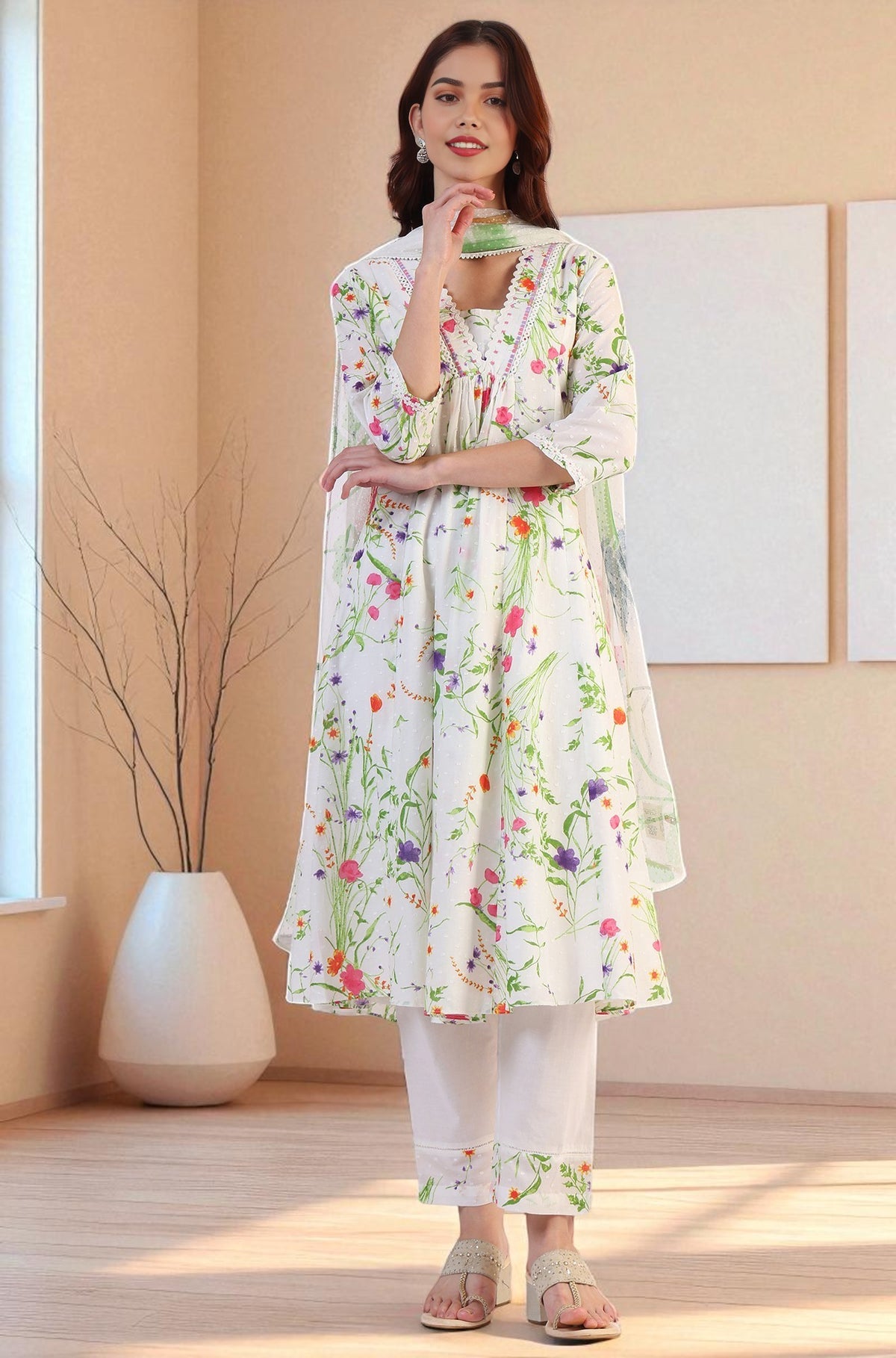 White Floral Printed Swiss Dot Textured Anarkali Kurta, Straight Pants and Dupatta Set - S