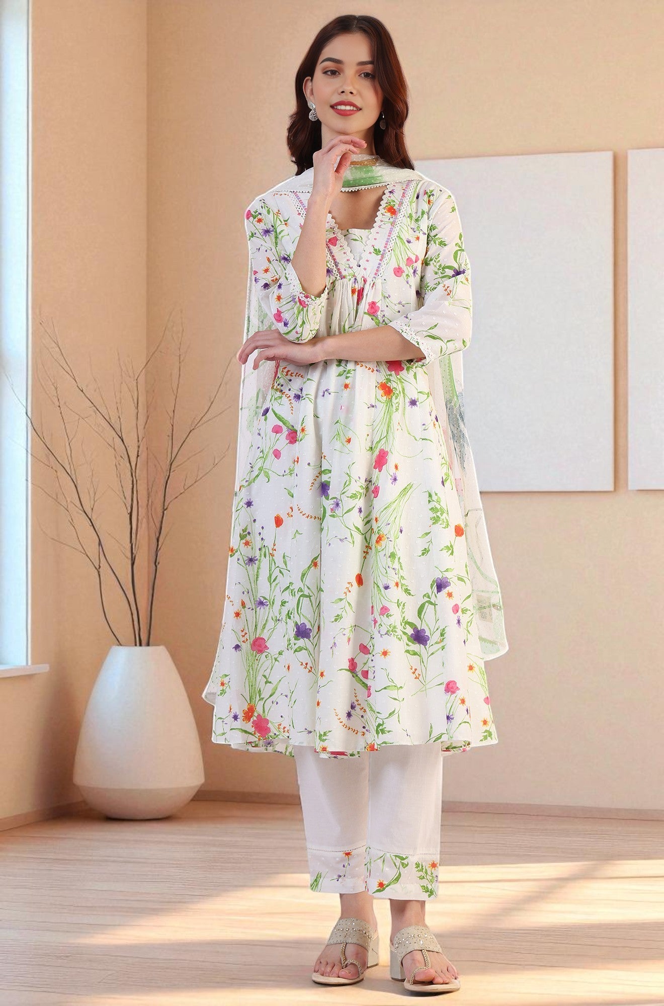 White Floral Printed Swiss Dot Textured Anarkali Kurta, Straight Pants and Dupatta Set