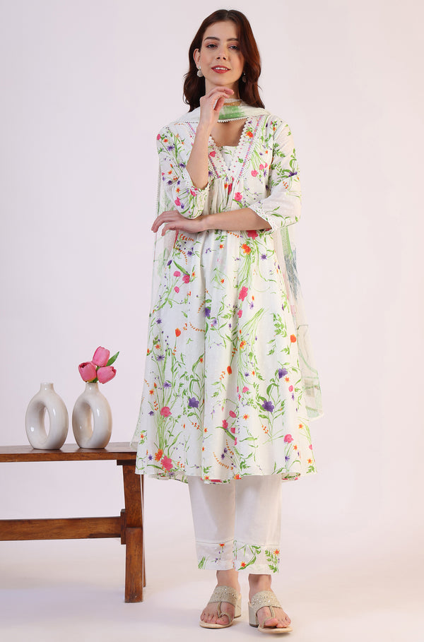 White Floral Printed Swiss Dot Textured Anarkali Kurta, Straight Pants and Dupatta Set