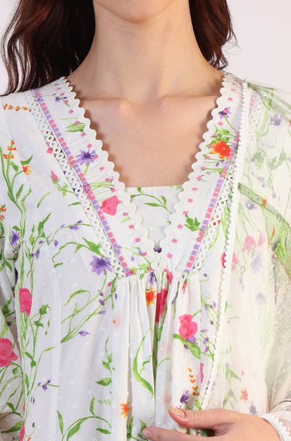 White Floral Printed Swiss Dot Textured Anarkali Kurta, Straight Pants and Dupatta Set