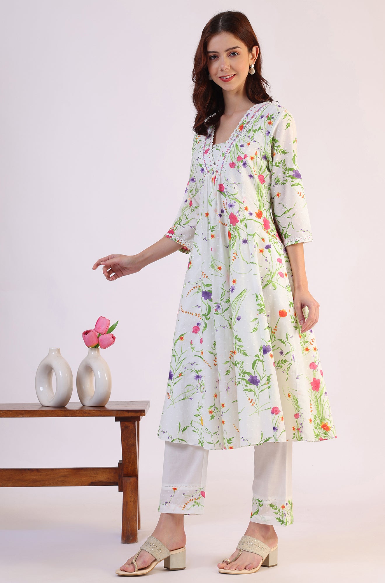 White Floral Printed Swiss Dot Textured Anarkali Kurta, Straight Pants and Dupatta Set