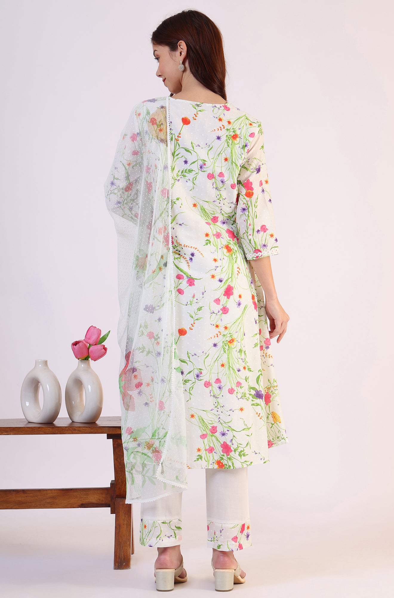 White Floral Printed Swiss Dot Textured Anarkali Kurta, Straight Pants and Dupatta Set