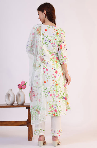 White Floral Printed Swiss Dot Textured Anarkali Kurta, Straight Pants and Dupatta Set