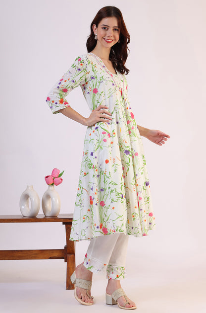 White Floral Printed Swiss Dot Textured Anarkali Kurta, Straight Pants and Dupatta Set