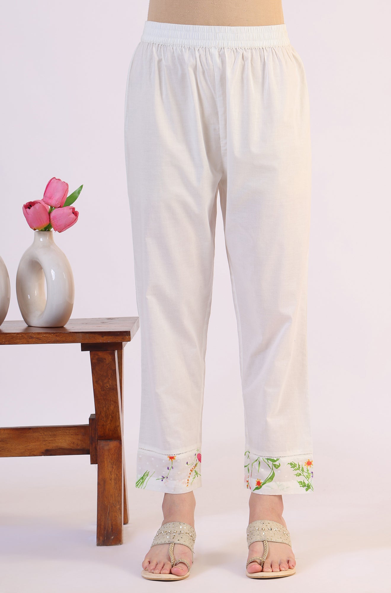 White Floral Printed Swiss Dot Textured Anarkali Kurta, Straight Pants and Dupatta Set