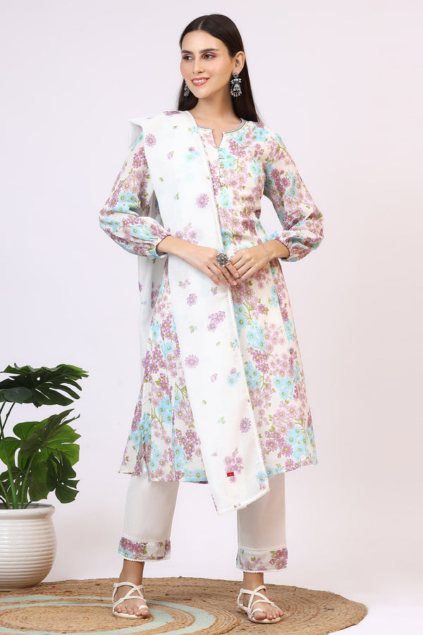 White Floral Printed Crinkle Cotton Flared Kurta, Pants and Dupatta Set