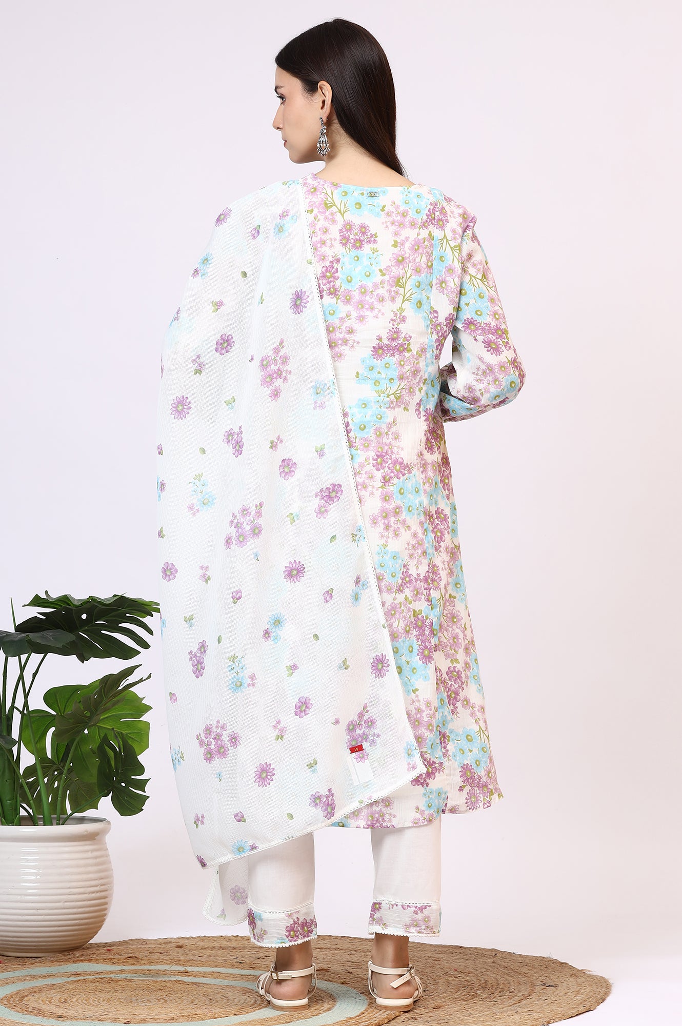 White Floral Printed Crinkle Cotton Flared Kurta, Pants and Dupatta Set