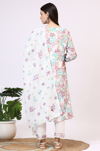 White Floral Printed Crinkle Cotton Flared Kurta, Pants and Dupatta Set