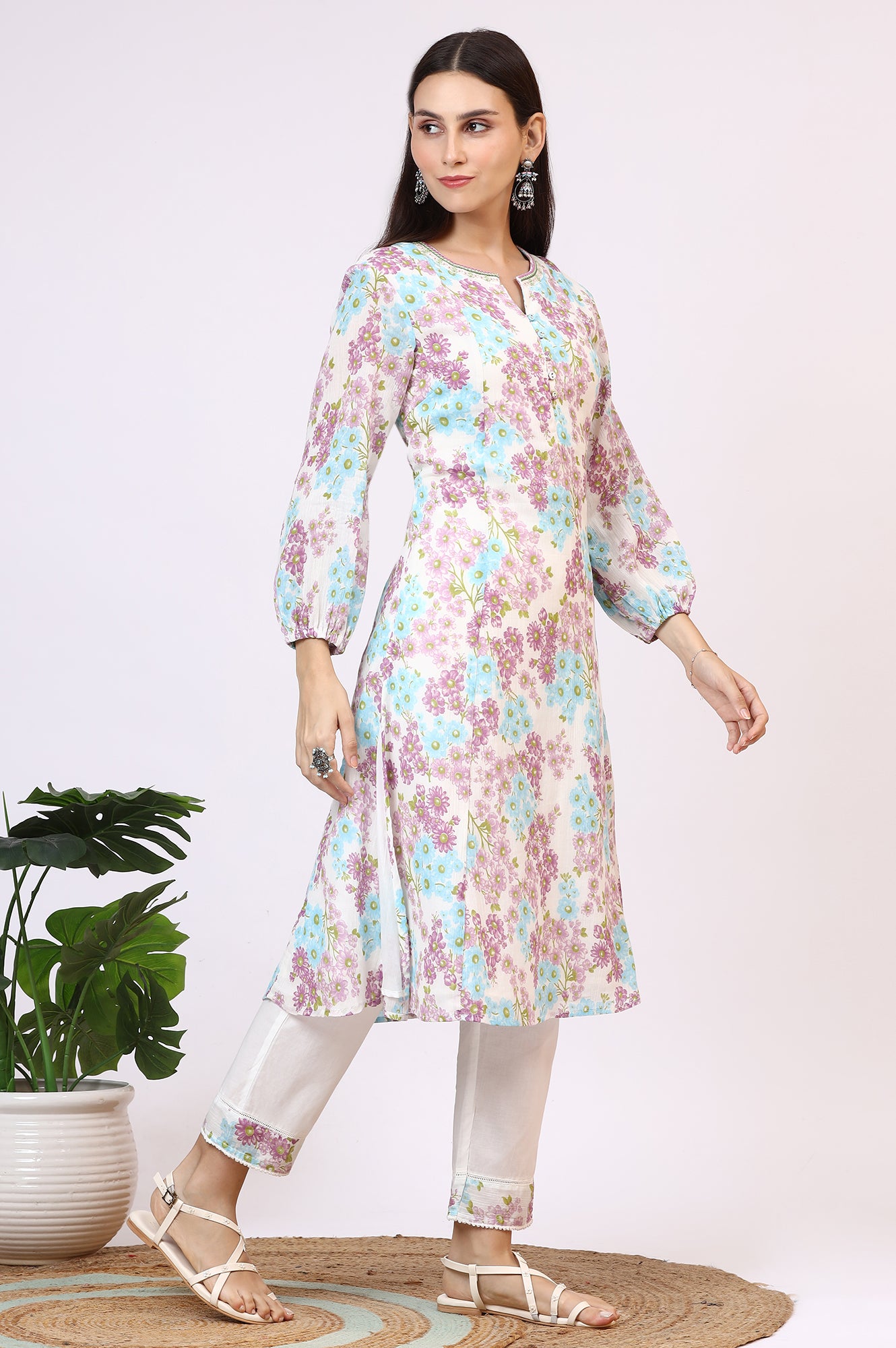 White Floral Printed Crinkle Cotton Flared Kurta, Pants and Dupatta Set
