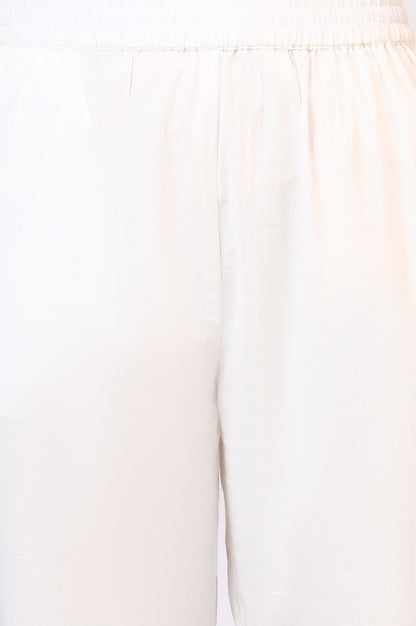 White Floral Printed Crinkle Cotton Flared Kurta, Pants and Dupatta Set