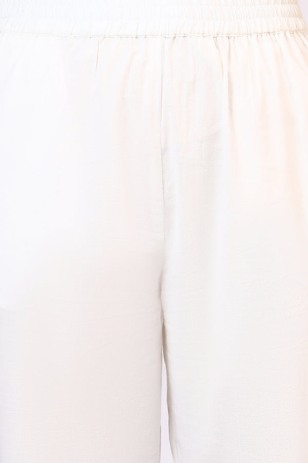 White Floral Printed Crinkle Cotton Flared Kurta, Pants and Dupatta Set