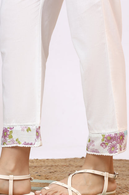 White Floral Printed Crinkle Cotton Flared Kurta, Pants and Dupatta Set