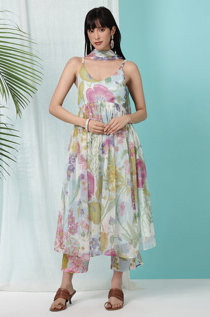 Light Blue Floral Printed Sleeveless Chiffon Kurta with Pants and Dupatta Set