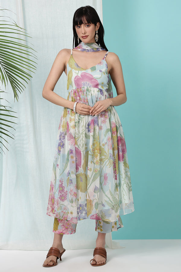 Light Blue Floral Printed Sleeveless Chiffon Kurta with Pants and Dupatta Set