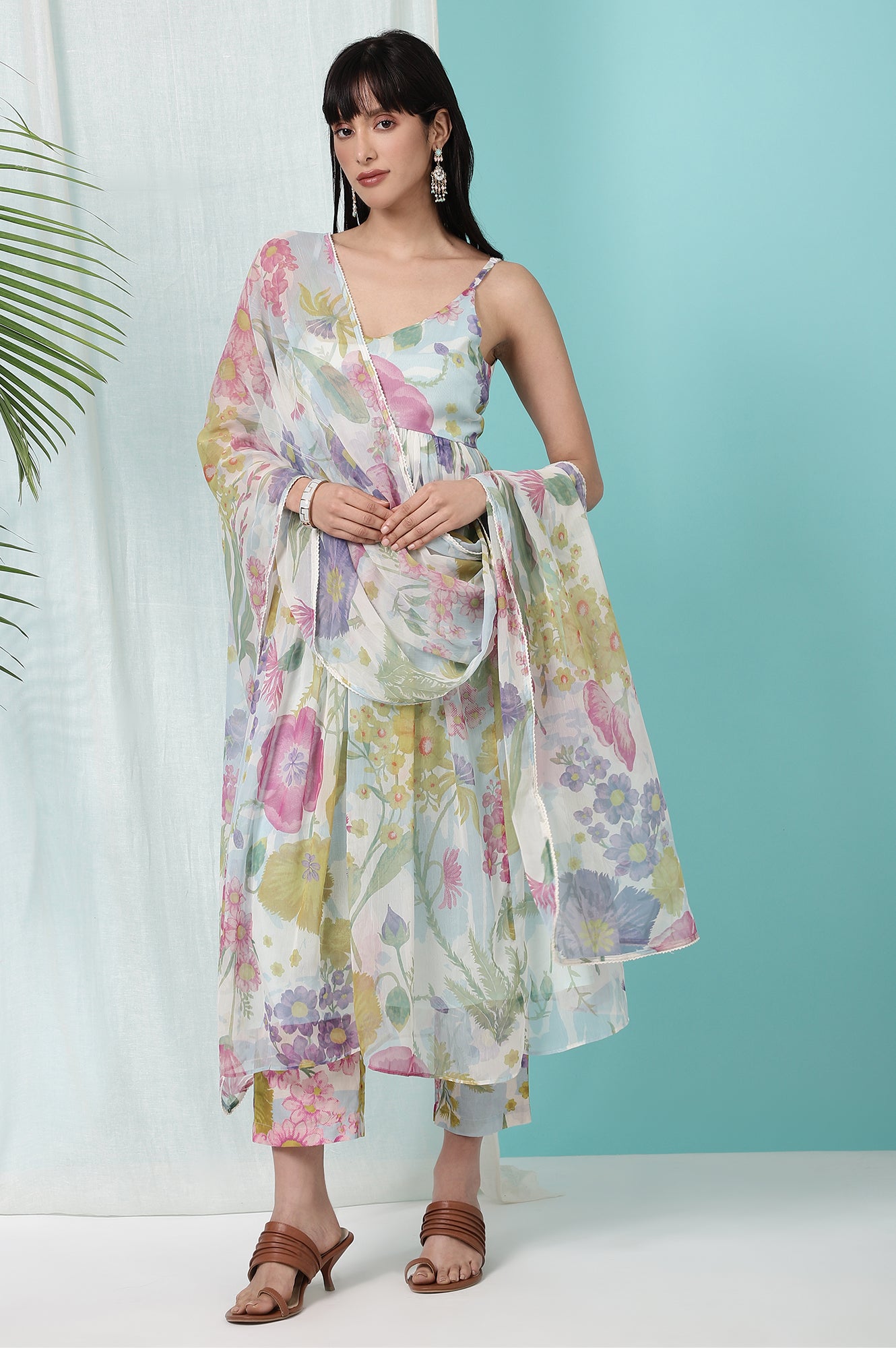 Light Blue Floral Printed Sleeveless Chiffon Kurta with Pants and Dupatta Set