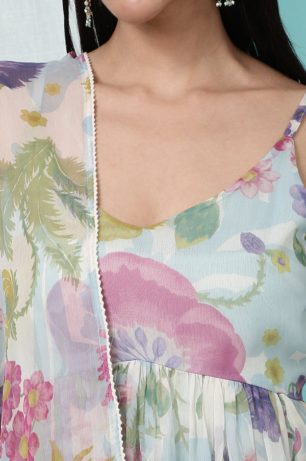 Light Blue Floral Printed Sleeveless Chiffon Kurta with Pants and Dupatta Set