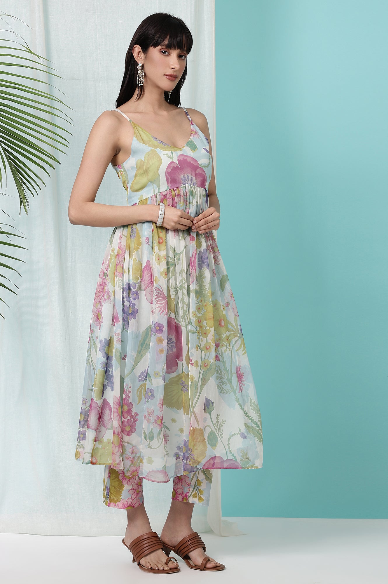 Light Blue Floral Printed Sleeveless Chiffon Kurta with Pants and Dupatta Set