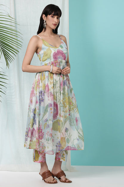 Light Blue Floral Printed Sleeveless Chiffon Kurta with Pants and Dupatta Set
