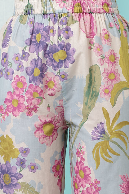 Light Blue Floral Printed Sleeveless Chiffon Kurta with Pants and Dupatta Set