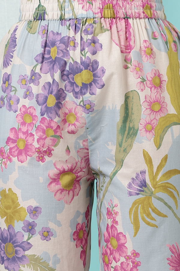 Light Blue Floral Printed Sleeveless Chiffon Kurta with Pants and Dupatta Set