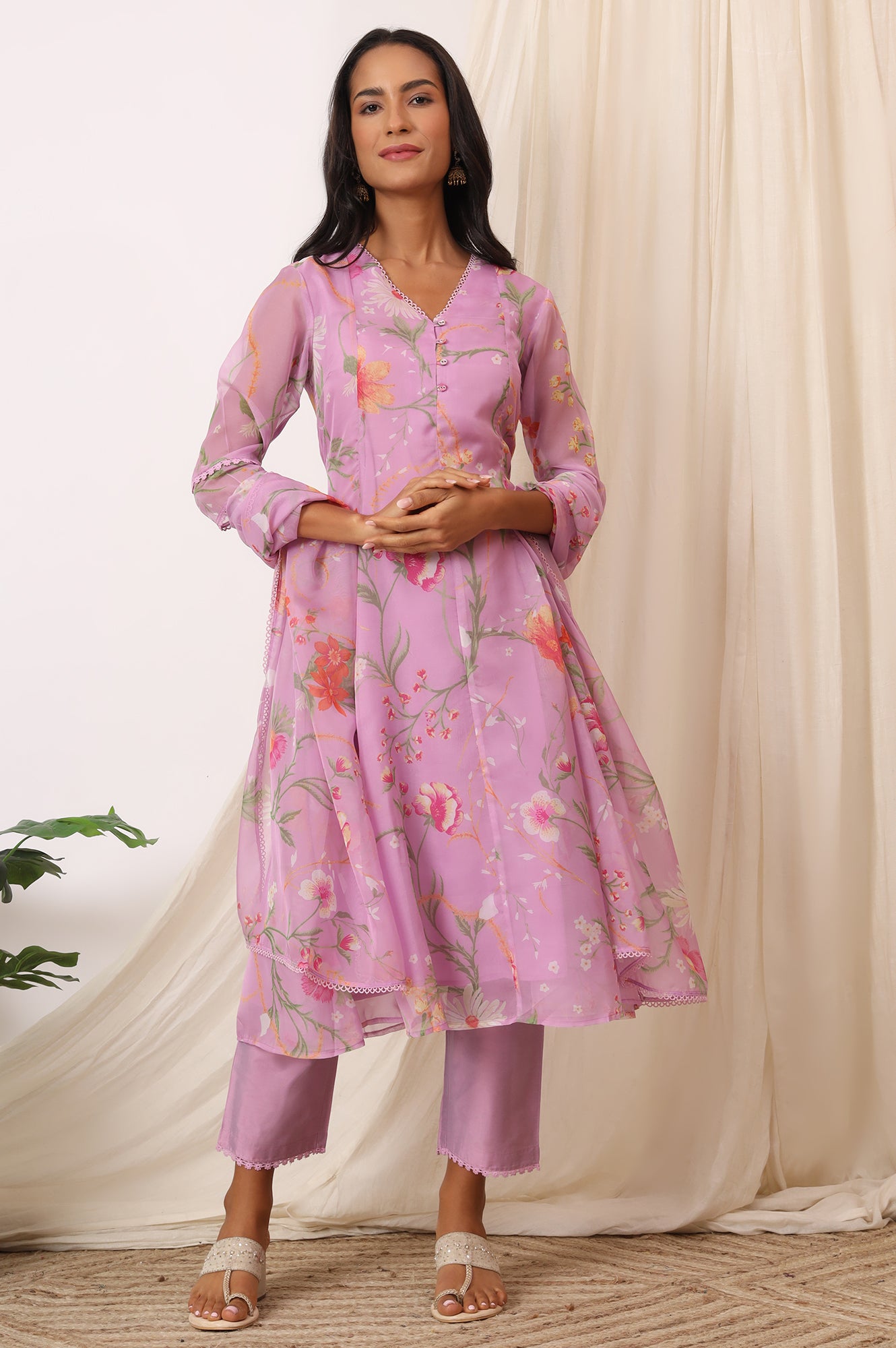 Lilac Floral Printed Flared Kurta with Pants and Dupatta Set