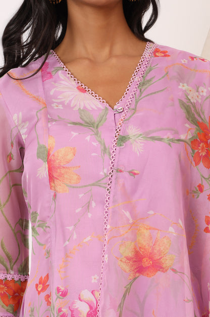 Lilac Floral Printed Flared Kurta with Pants and Dupatta Set