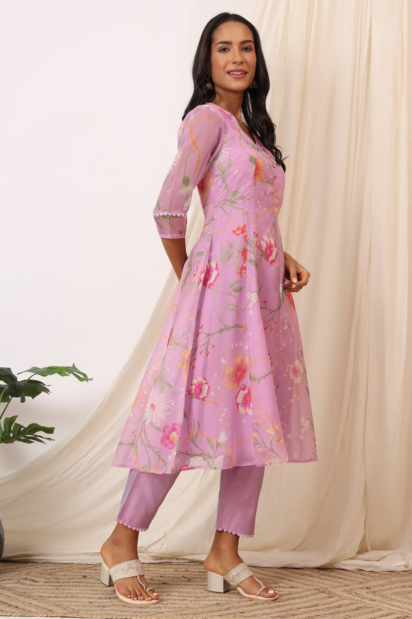 Lilac Floral Printed Flared Kurta with Pants and Dupatta Set