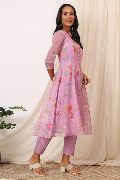 Lilac Floral Printed Flared Kurta with Pants and Dupatta Set