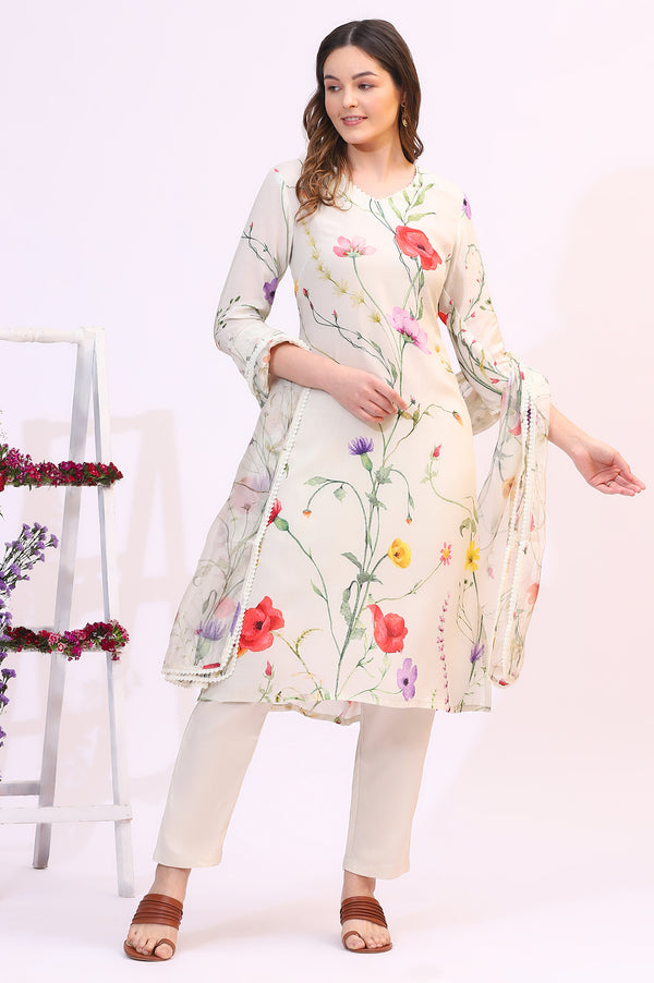 Cream Bold Floral Printed Modal Straight Kurta, Pants and Dupatta Set